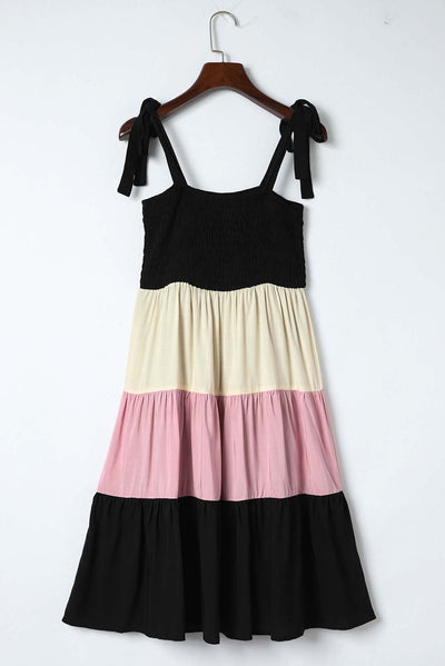 Black Multicolor Smocked Color Block Sleeveless Mini Dress-Dresses-MomFashion