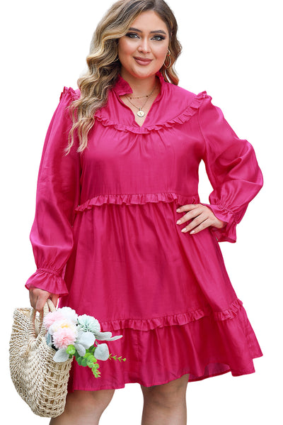 Rose Plus Size Ruffled Bubble Sleeve Dress-Plus Size-MomFashion