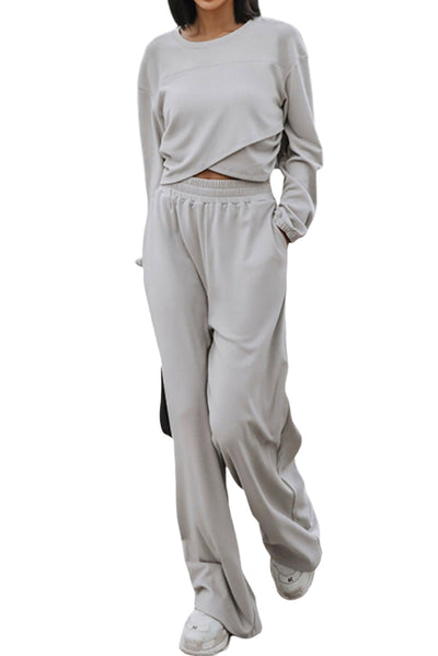 Light Grey Solid Criss Cross Crop Top and Pants Active Set-Activewear-MomFashion