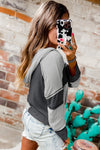 Gray Colorblock Seamed Ribbed Henley Hoodie-Tops-MomFashion