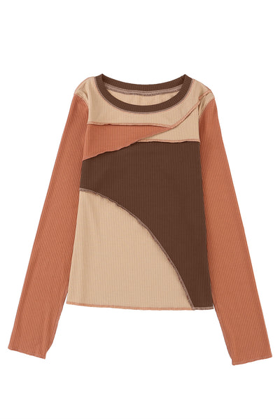 Brown Expose Seam Color Block Ribbed Knit Top-Tops-MomFashion