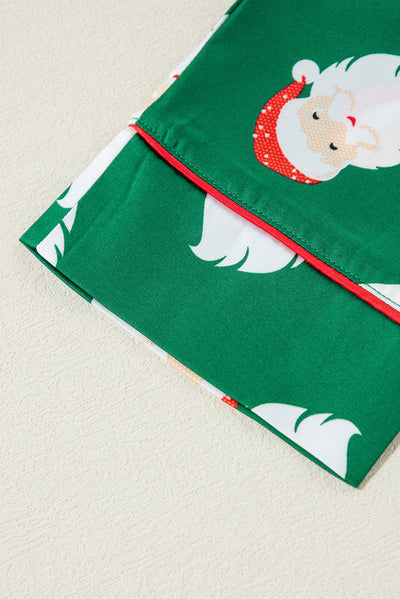 Green Christmas Santa Claus Print Satin Shirt and Shorts Set-Loungewear & Sleepwear/Sleepwear-MomFashion