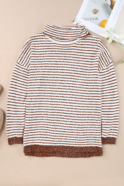 Brown Striped Turtleneck Loose Sweater-Tops-MomFashion