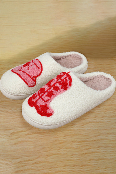 Racing Red Western Graphic Embroidered Sherpa Home Slippers-Shoes & Bags-MomFashion