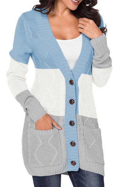 Blue Front Pocket and Buttons Closure Cardigan-Tops-MomFashion