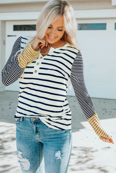 Long Sleeve Stripe Button Henley Top-Tops-MomFashion