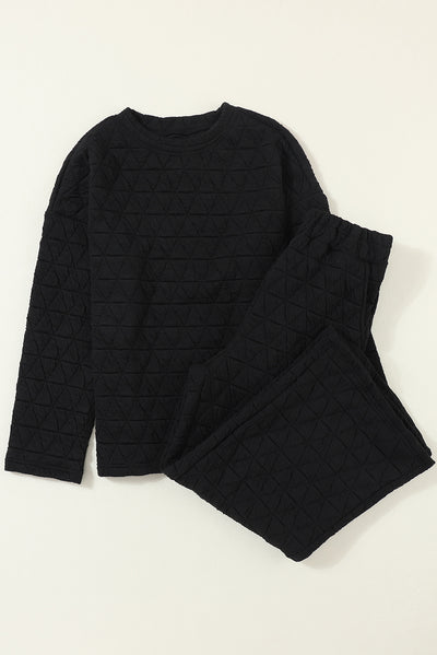 Black Solid Quilted Pullover and Pants Outfit-Loungewear-MomFashion