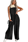 Black Textured Buttoned Straps Ruched Wide Leg Jumpsuit-Bottoms-MomFashion