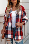 Fiery Red Hooded Plaid Button Front Shacket-Outerwear-MomFashion