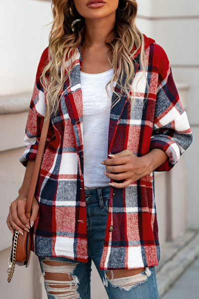 Fiery Red Hooded Plaid Button Front Shacket-Outerwear-MomFashion