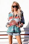 Multicolor Aztec Print Zipped Split Neck Hoodie-Tops-MomFashion