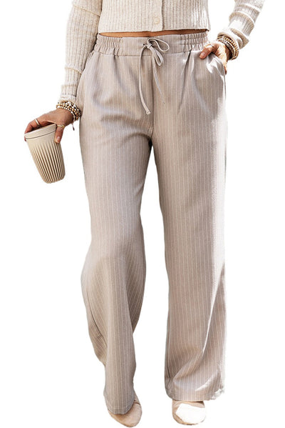 Khaki Stripe Casual Elastic Waist Loose Straight Striped Pants-Bottoms-MomFashion