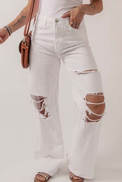 Bright White Heavy Distressed Straight Leg Jeans-Bottoms-MomFashion