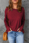 Red Solid Crew Neck Long Sleeve Top-Tops-MomFashion