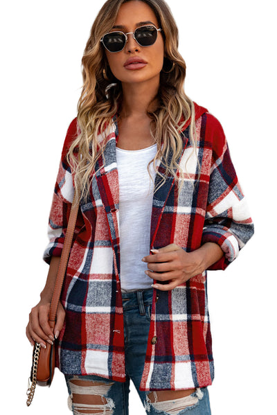 Fiery Red Hooded Plaid Button Front Shacket-Outerwear-MomFashion