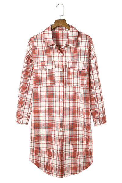 Fiery Red Plaid Print Button Long Shacket-Outerwear-MomFashion