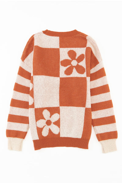 Brown Checkered Floral Print Striped Sleeve Sweater-Tops-MomFashion