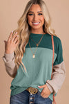 Green Color Block Long Sleeve Ribbed Loose Top-Tops-MomFashion