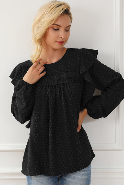 Black Lace Eyelet Ruffle Shoulder Long Sleeve Blouse-Tops-MomFashion