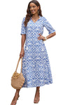 Sky Blue V Neck Casual Geometric Print Maxi Dress-Dresses-MomFashion