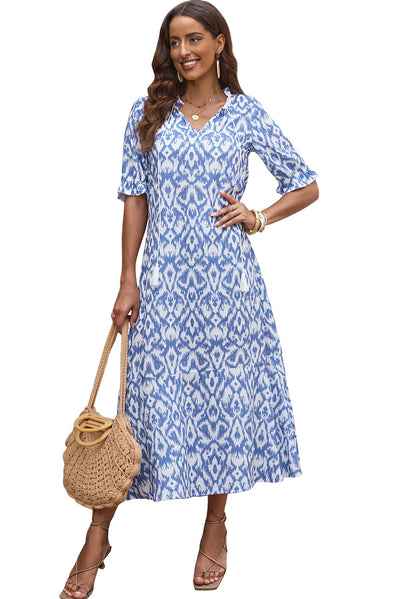 Sky Blue V Neck Casual Geometric Print Maxi Dress-Dresses-MomFashion