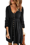 Black Button Up High Waist Long Sleeve Dress-Dresses-MomFashion