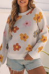 White Sweet Flower Knitted Ribbed Hem Sweater-Tops-MomFashion