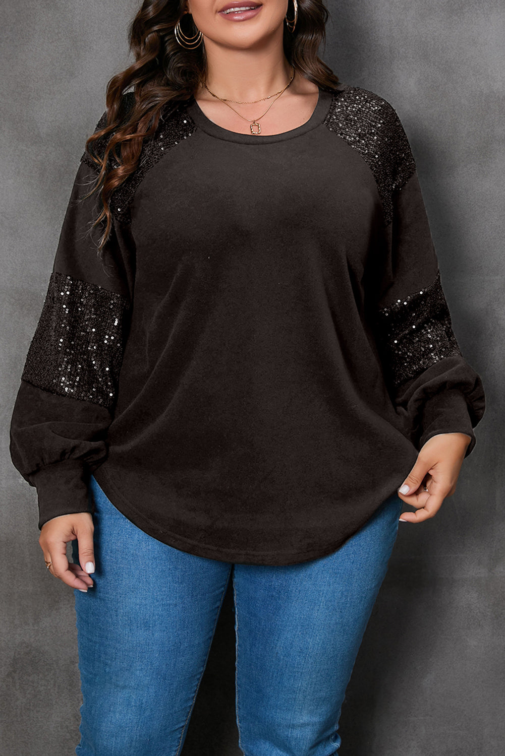 Black Plus Size Sequin Patchwork Crew Neck Long Sleeve Top-Plus Size-MomFashion