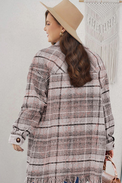 Pink Plus Size Macrame Plaid Coat-Plus Size-MomFashion