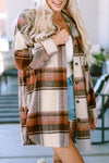 Brown Plaid Print Flap Pockets Long Shacket-Outerwear-MomFashion