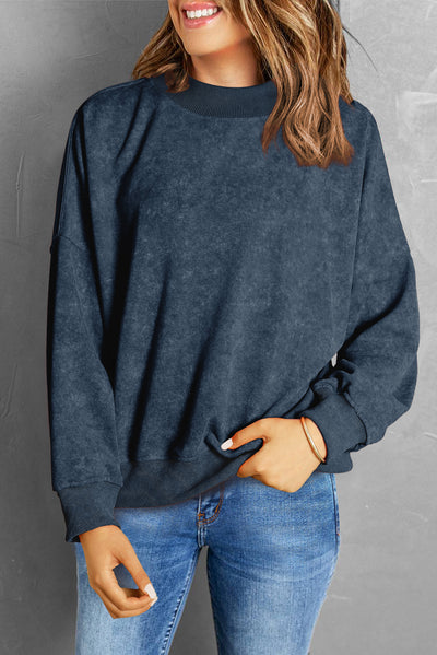 Sky Blue Drop Shoulder Crew Neck Pullover Sweatshirt-Tops-MomFashion