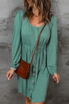 Green Button Up High Waist Long Sleeve Dress-Dresses-MomFashion