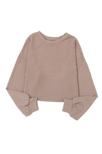 Khaki Cording Drop Shoulder Puff Sleeve Casual Long Sleeve Top-Tops-MomFashion