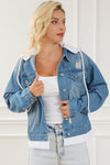 Sky Blue Distressed Contrast Hooded Denim Jacket with Pockets-Outerwear-MomFashion