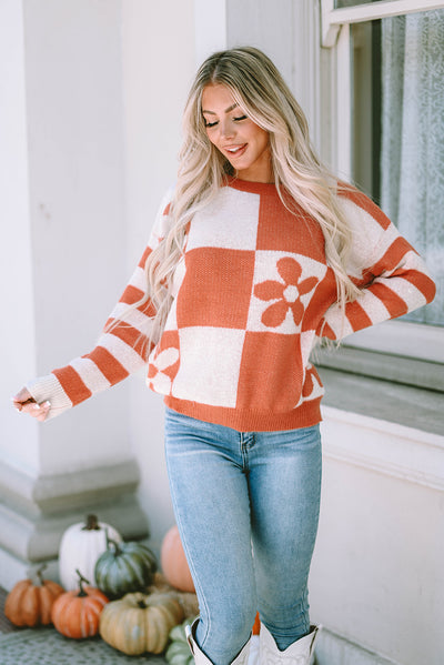 Brown Checkered Floral Print Striped Sleeve Sweater-Tops-MomFashion