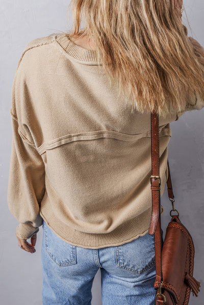 Apricot Raw Edge Patch Pocket Exposed Seam Loose Sweater-Tops-MomFashion