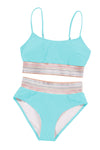 Sky Blue Striped Patchwork Spaghetti Strap High Waist Bikini Swimsuit-Swimwear-MomFashion