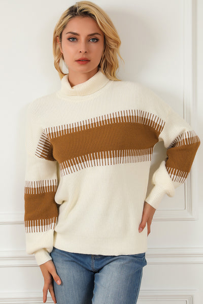 White Printed Patchwork Turtle Neck Knitted Sweater-Tops-MomFashion