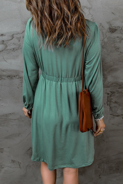 Green Button Up High Waist Long Sleeve Dress-Dresses-MomFashion