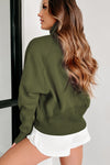 Green Zip Up Stand Collar Ribbed Thumbhole Sleeve Sweatshirt-Tops-MomFashion