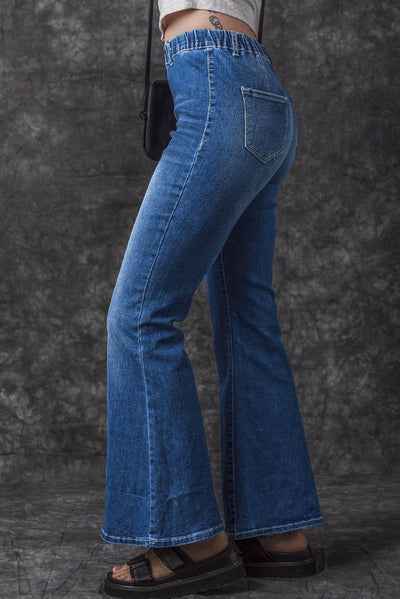 Blue Elastic High Waist Flare Jeans-Bottoms-MomFashion