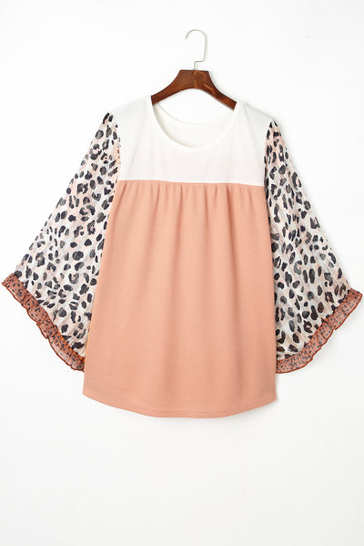 Khaki Printed Plus Ruffle Leopard Sleeve Waffled Color Block Top-Plus Size-MomFashion