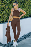 Brown Ribbed Knit 3pcs Sports Set-Activewear-MomFashion