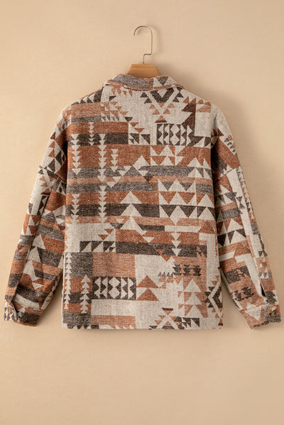 Brown Aztec Print Flap Pocket Button-up Jacket-Outerwear-MomFashion