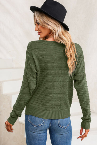 Green Textured Knit Round Neck Dolman Sleeve Sweater-Tops-MomFashion