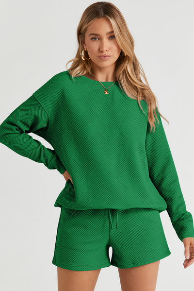 Green Textured Long Sleeve Top and Drawstring Shorts Set-Loungewear-MomFashion