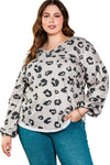 Gray Printed Leopard Balloon Sleeve Thermal Knit Plus Size Top-Plus Size-MomFashion
