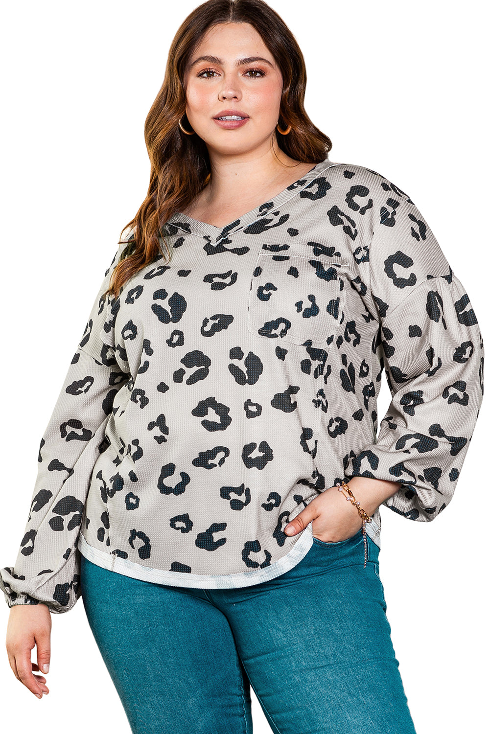 Gray Printed Leopard Balloon Sleeve Thermal Knit Plus Size Top-Plus Size-MomFashion