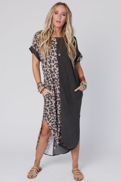 Black Contrast Solid Leopard Short Sleeve T-shirt Dress with Slits-Dresses-MomFashion