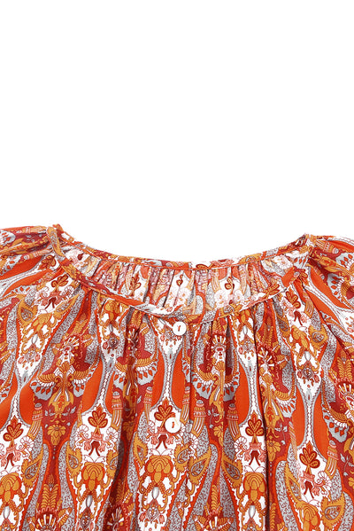 Orange Western Pattern Print Lantern Sleeve Drawstring Mini Dress-Dresses-MomFashion